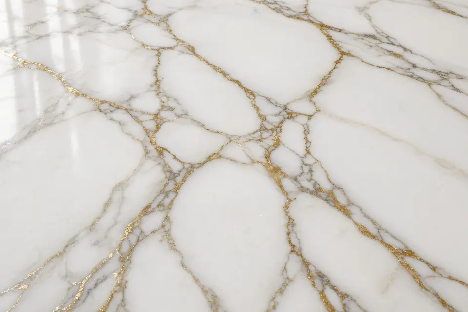 Close-up of gold veining on a marble-look tile